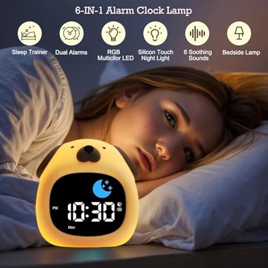 Kinderwekker nachtlampje, 9 lichtkleuren en 6 witte ruisstanden, digitale slaaptrainingsklok met instelbare helderheid en geluid, cadeau voor jongens en meisjes - Puppy — afbeelding 4