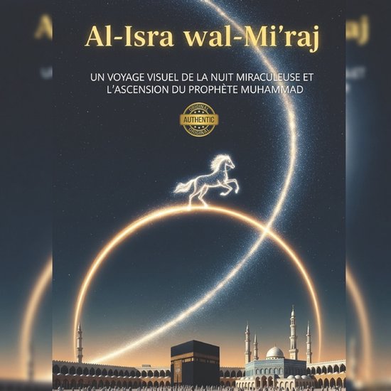 Couverture du livre 'Al-Isra wal-Mi'raj' avec texte en français et une image d'un cheval dans le ciel au-dessus de La Mecque.