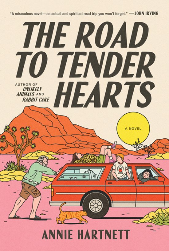 Couverture du livre 'The Road to Tender Hearts' montrant une famille poussant une voiture orange dans un paysage désertique.