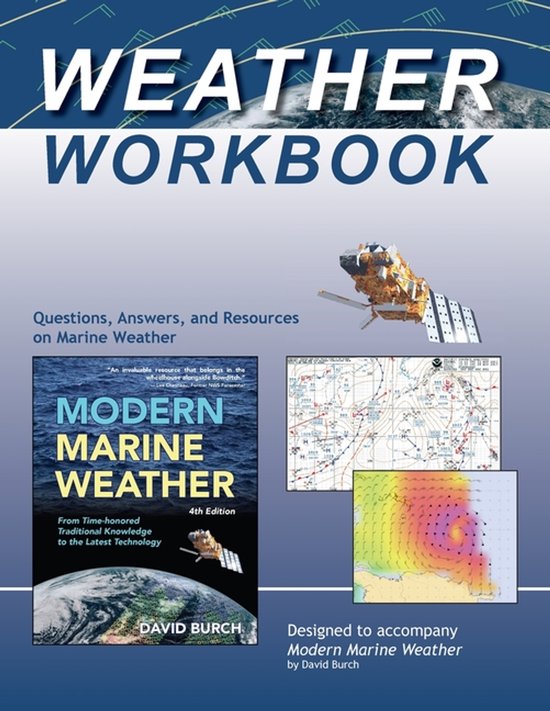 Voorblad van het "Weather Workbook" met "Modern Marine Weather" boek, satelliet en weerskaarten.