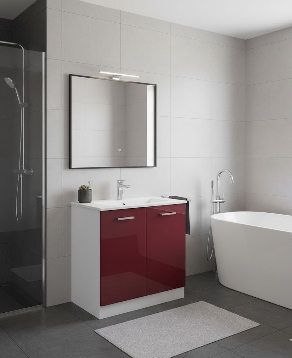 Luxe Wastafelkast "R-Line Deluxe" – Bourgondisch Hoogglans Wit – 80 cm – Moderne Badkamerkast met Opbergruimte – Elegant Design – Duurzaam Gelamineerd Hout – Onderkast met Verstelbare Planken – Perfect voor Keuken of Badkamer