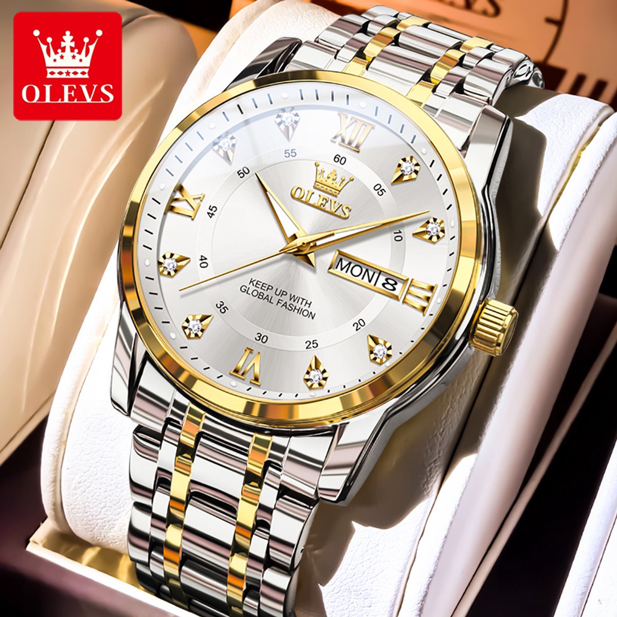 HO-3619.gz : Olevs goud-zilverkl edelstaal quartz horloge, gouden Draak Tenglong Feilong, kalenderdag