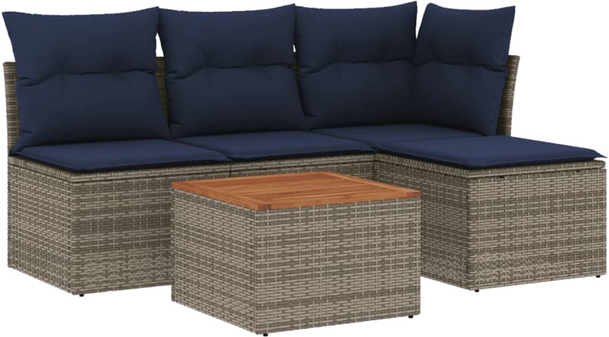 vidaXL - 5-delige - tuinbankset - met - kussens, - grijs - polyrotan