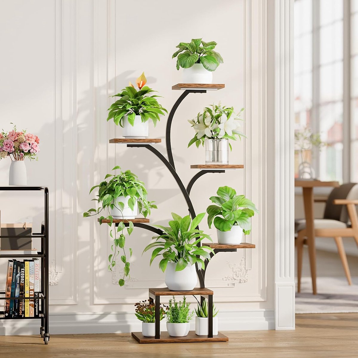 Famanu - Plantenstandaard met kweeklampen, 7 gelaagde plantenplank voor binnen, 124,5 cm hoekplantenstandaards, metalen bloemendisplayplanken, boomvormig plantenrek voor thuis, terras, zwart