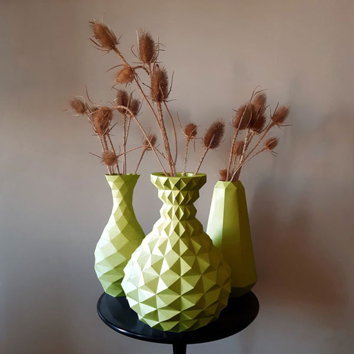 3D Papercraft Kit Vazen – Compleet knutselpakket met snijmat, liniaal, vouwbeen, mesje – set van 3 – Anis Groen