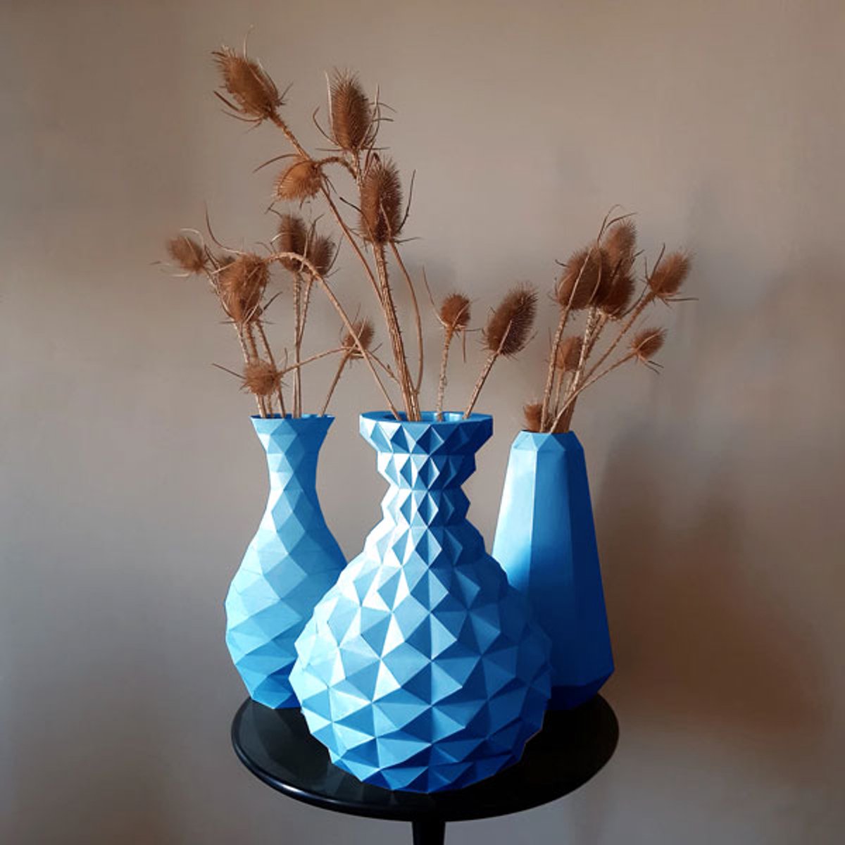3D Papercraft Kit Vazen – Compleet knutselpakket met snijmat, liniaal, vouwbeen, mesje – set van 3 – Blauw