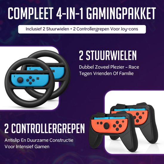 Gamingpakket met twee stuurwielen en twee controller grips voor Joy-Cons. Blauwe en oranje Joy-Cons worden getoond.
