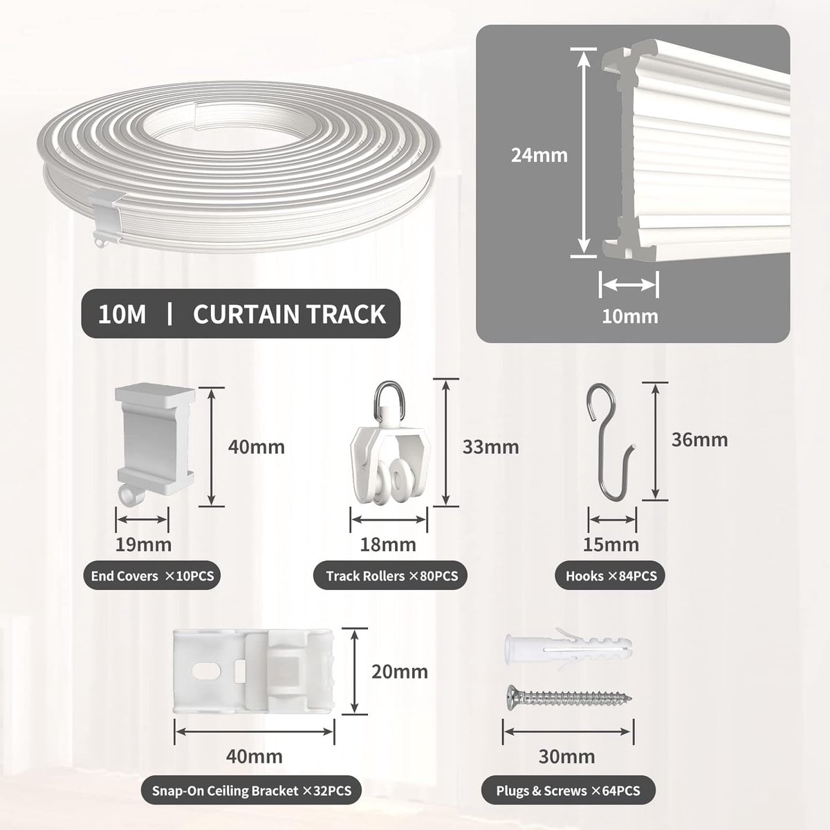 Candala Gebogen gordijnrail, 10 meter, flexibele gordijnrail van ABS, plafondgordijnrails, accessoires voor gordijnophanging, ruimteverdeler, kamer, balkons, kantoren, hotels, wit