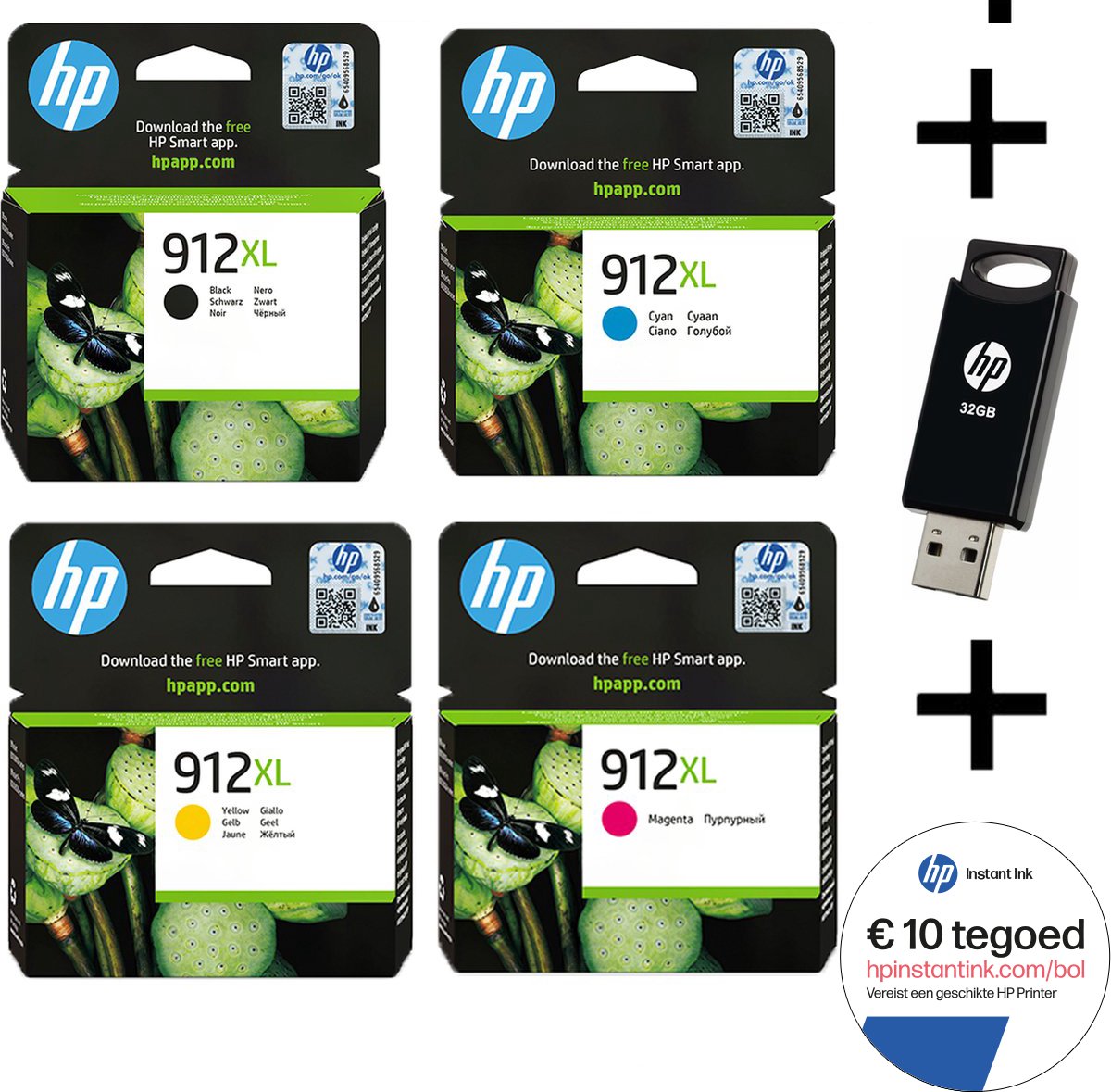 HP 912 XL - Inktcartridges - Origineel - Hoge capaciteit - Multi Bundel - Met Gratis 32 GB USB Stick & Instant Ink tegoed