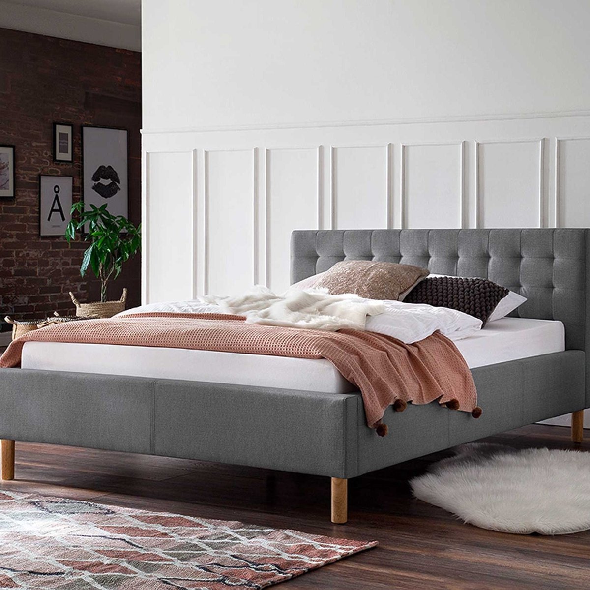 Bed Marilou 140x200 - Grijs - Meise - Tweepersoons Gestoffeerd Bed - Grijs - Polyester Tweepersoons Normaal Bed