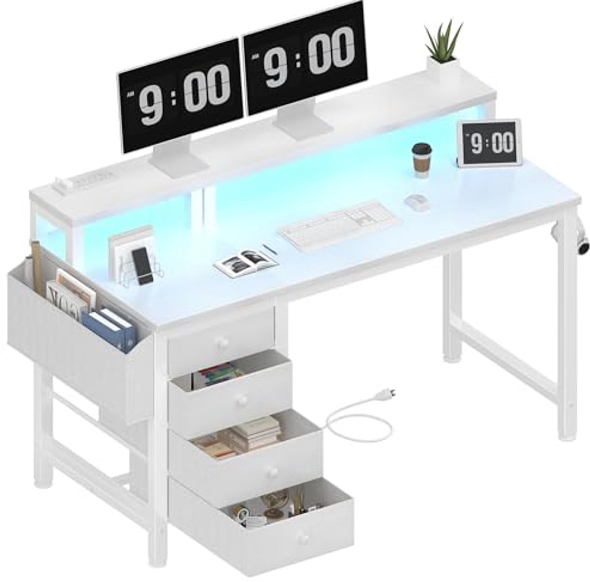 Lufeiya Wit computerbureau met stoffen laden, 47 inch thuiskantoor bureau met monitorstandaard, gamingbureau met LED-verlichting en stopcontacten, wit