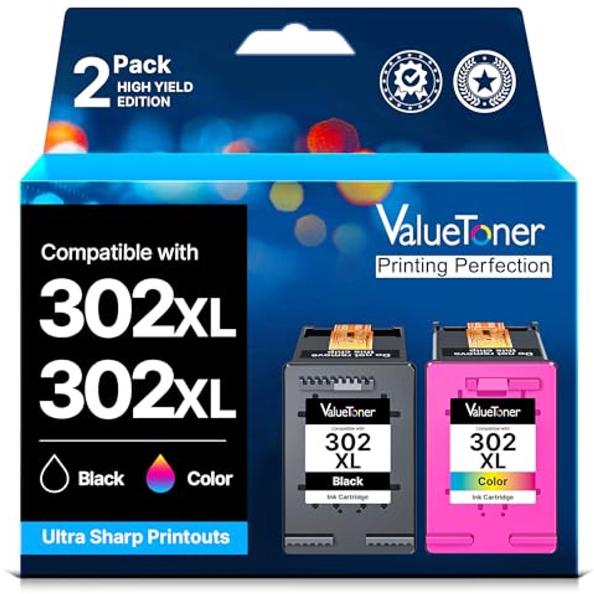 Valuetoner Patroon Compatible With 302 XL 302 Multipack inktcartridges voor Envy 4525 4520 4522 4523 4524 Officejet 3830 3831 3833 Deskjet 3630 3636 3638 1110 (2 stuks,302XL 302 XL)