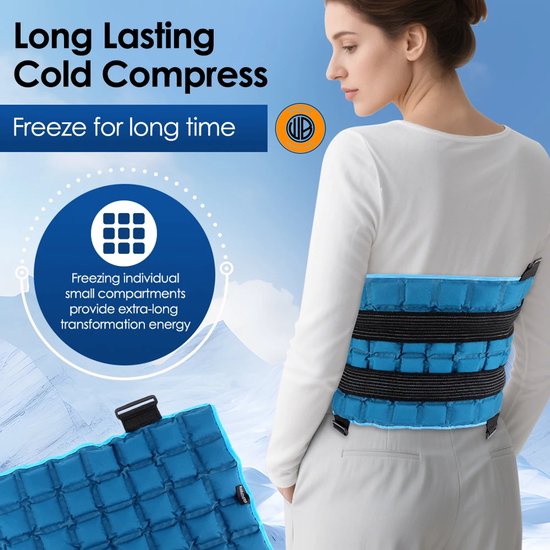 Blauw, flexibel, opvouwbaar en strikbaar warmte- en koud kompres, gedragen op de rug voor langdurige koudecompressie.