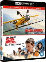Omslag van de 2-filmcollectie Mission Impossible: Dead Reckoning & The Final Reckoning 4K Ultra HD Blu-ray. Gele dubbeldekker en Tom Cruise met cast.
