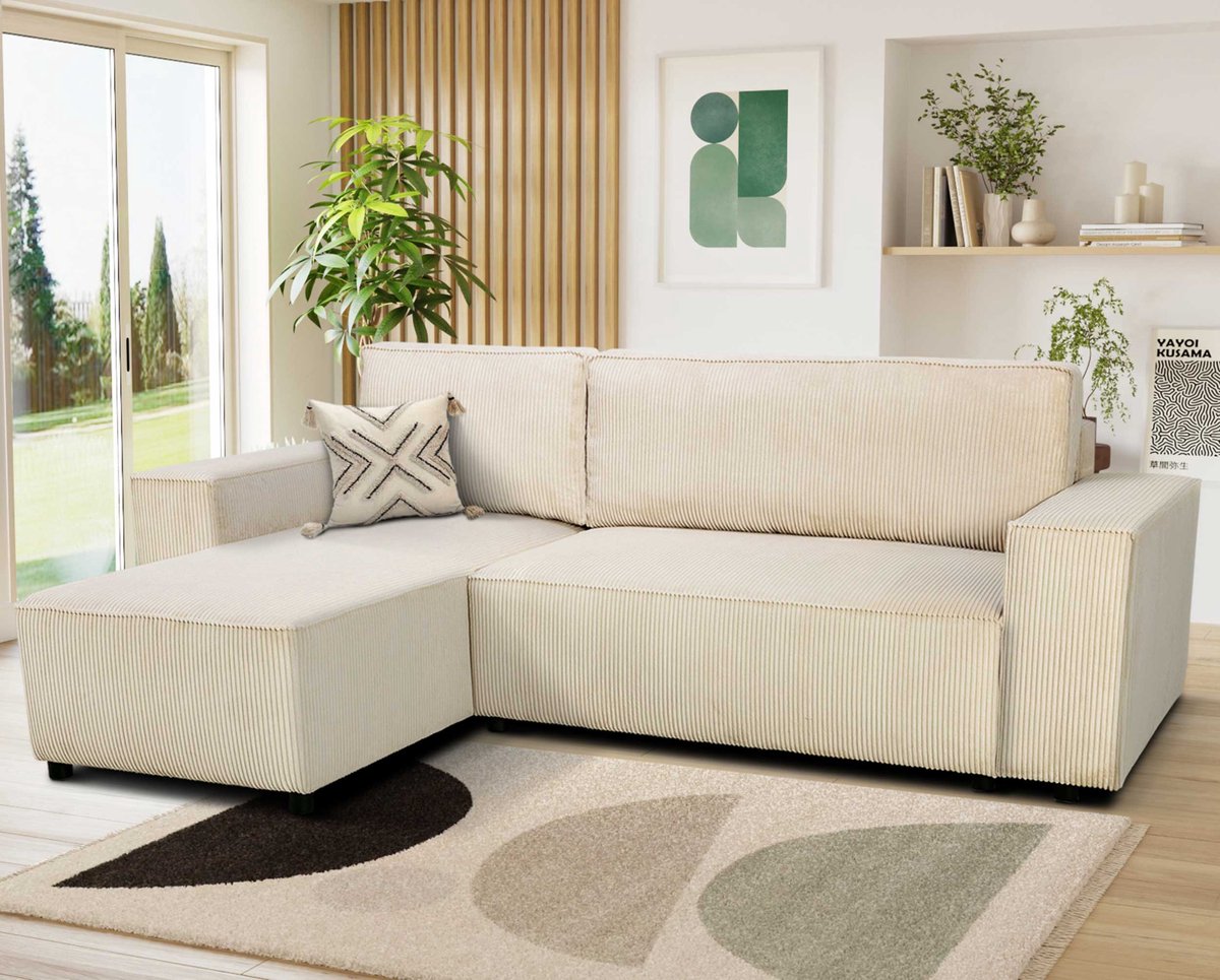Hoekbank Josh Links - Met Opbergruimte - Beige Ribfluweel