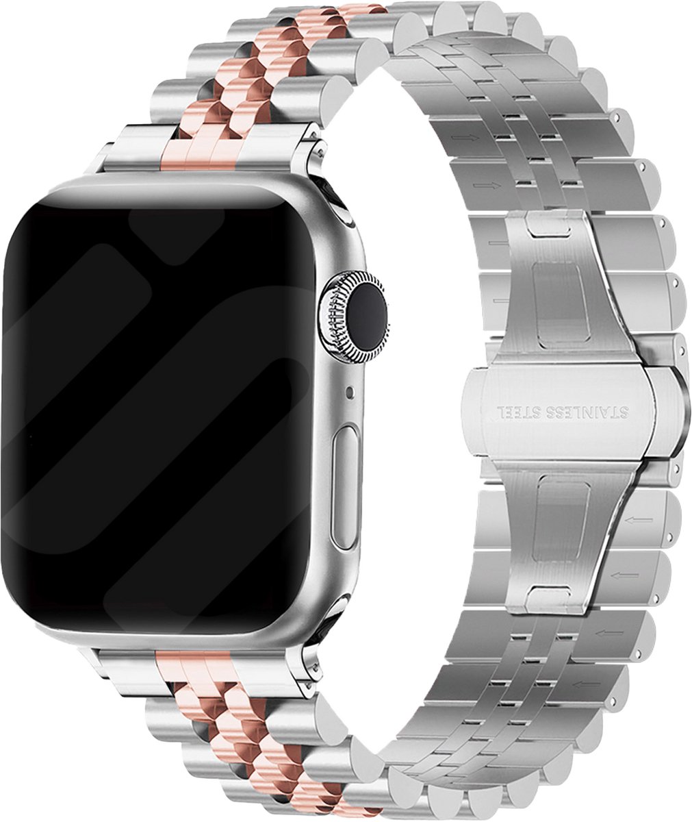 Strap-it Stalen band hexagons - Geschikt voor Apple Watch Series 1/2/3/4/5/6/7/8/9/10/11/SE/SE2/SE3/Ultra (2/3) - Rose Gold - Unieke RVS band met hexagon schakels - Voor maat: 44mm / 45mm / 46mm / 49mm - Met inkorter toolkit