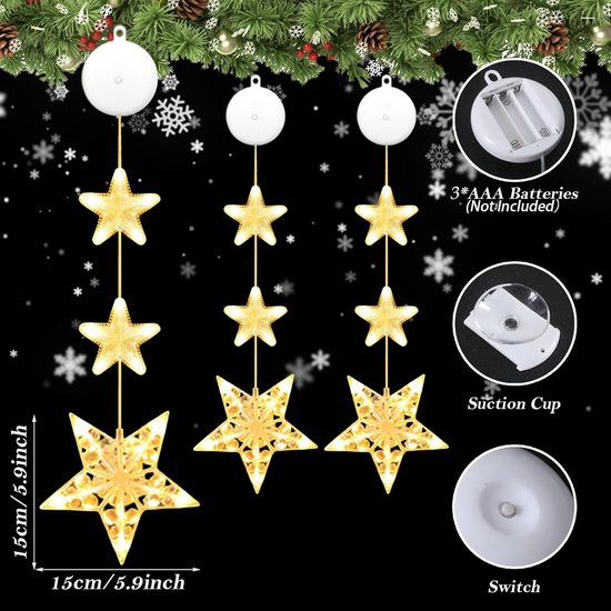 Led-kerststerverlichting, kerstdecoratie met 3 metalen sterren, 45 leds