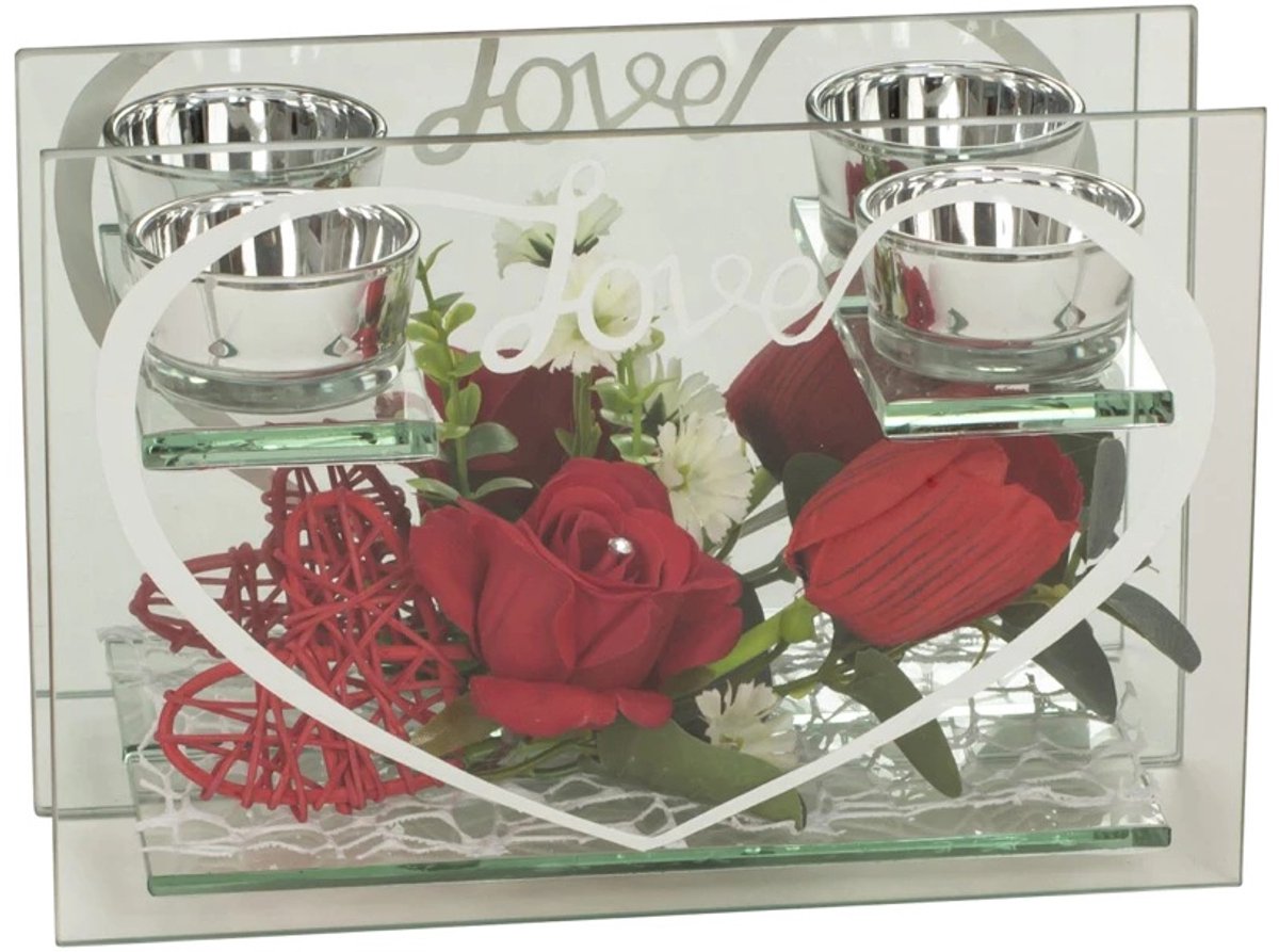 Glazen decoratie met rode roos