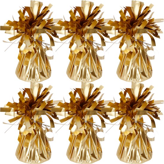 Zes gouden ballongewichten met linten, op een witte achtergrond.
