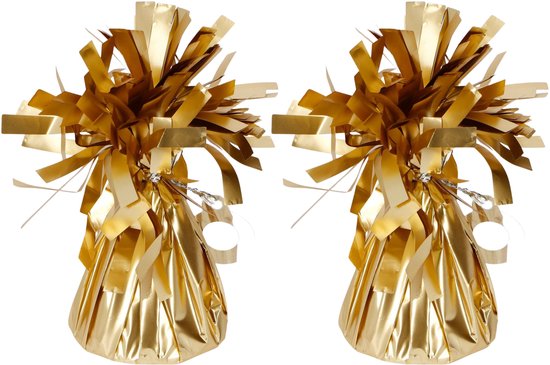 Twee mat gouden ballongewichten met glinsterende gouden linten en slierten.