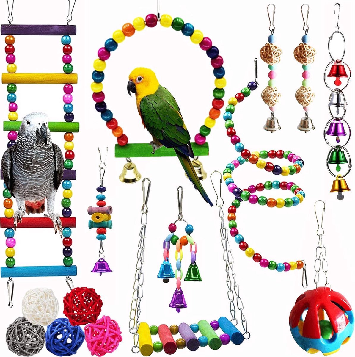 Papegaaienschommelset met kauwspeeltjes - 15 stuks houten hangende bellen met hangmatladder - kleurrijk vogelkooispeelgoed - voor kleine parkieten, kaketoes, conures, grasparkieten