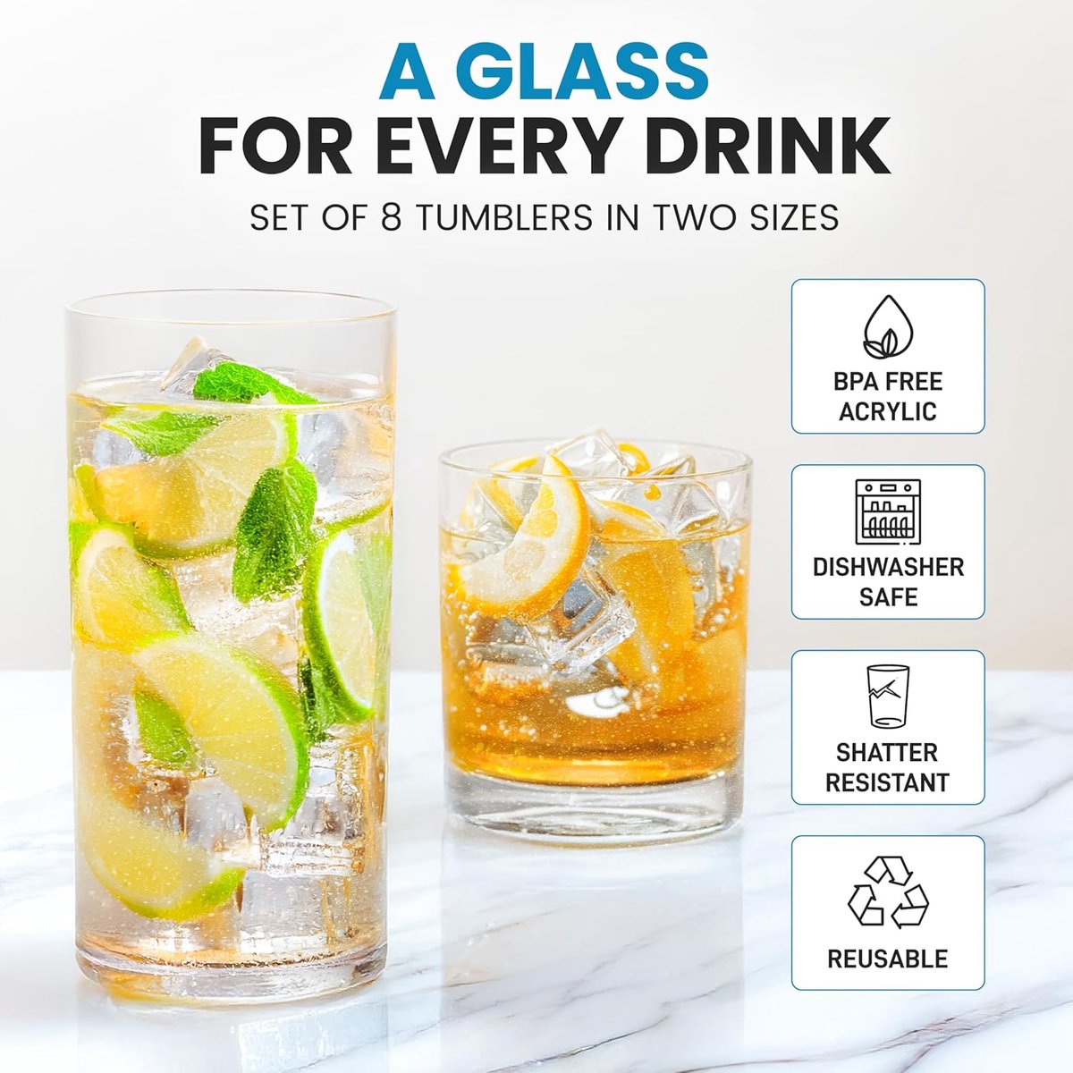 Candala Acryl glazen drinkgerei - 8-delige onbreekbare plastic bekers - BPA-vrije, herbruikbare plastic drinkglazen voor thuis en buiten - stapelbaar, loodvrij en vaatwasmachinebestendig - (12 &