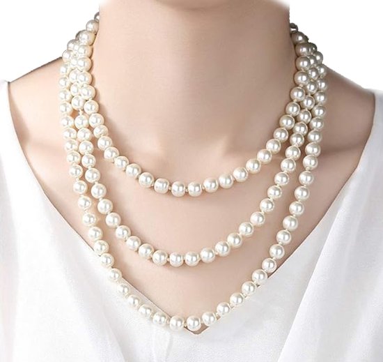 Collier long en perles - 150 cm - perles de 8 mm - blanc - perles de verre - noué sur cordon blanc - peut se porter en 3 couches