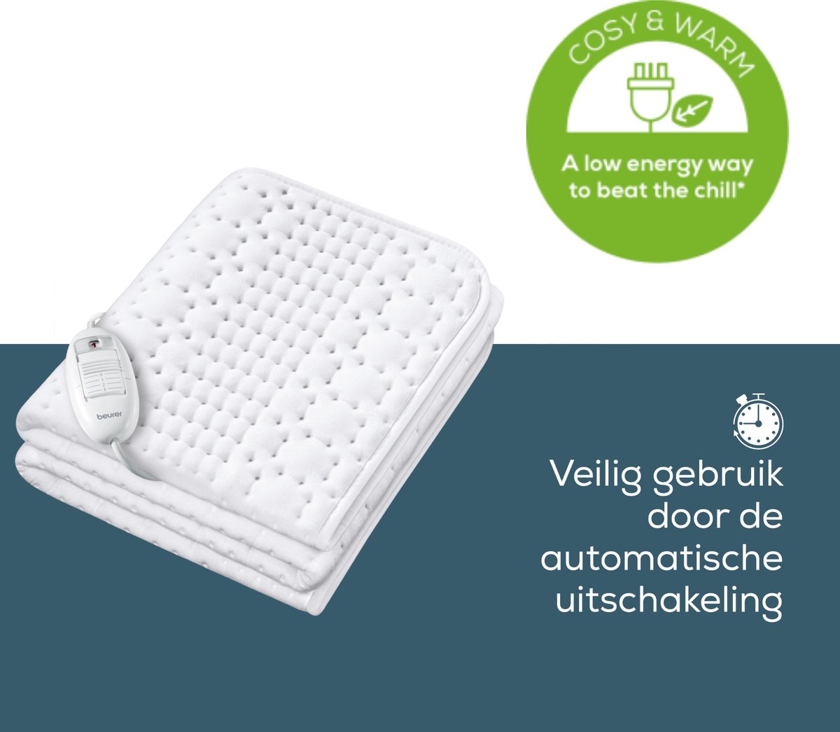 Beurer Elektrische onderdeken 1 persoons Compact - Elektrische deken 130x75cm - Snelle opwarming - BSS (Beurer Safety System) - Fleece/Katoen - Wit – foto 4