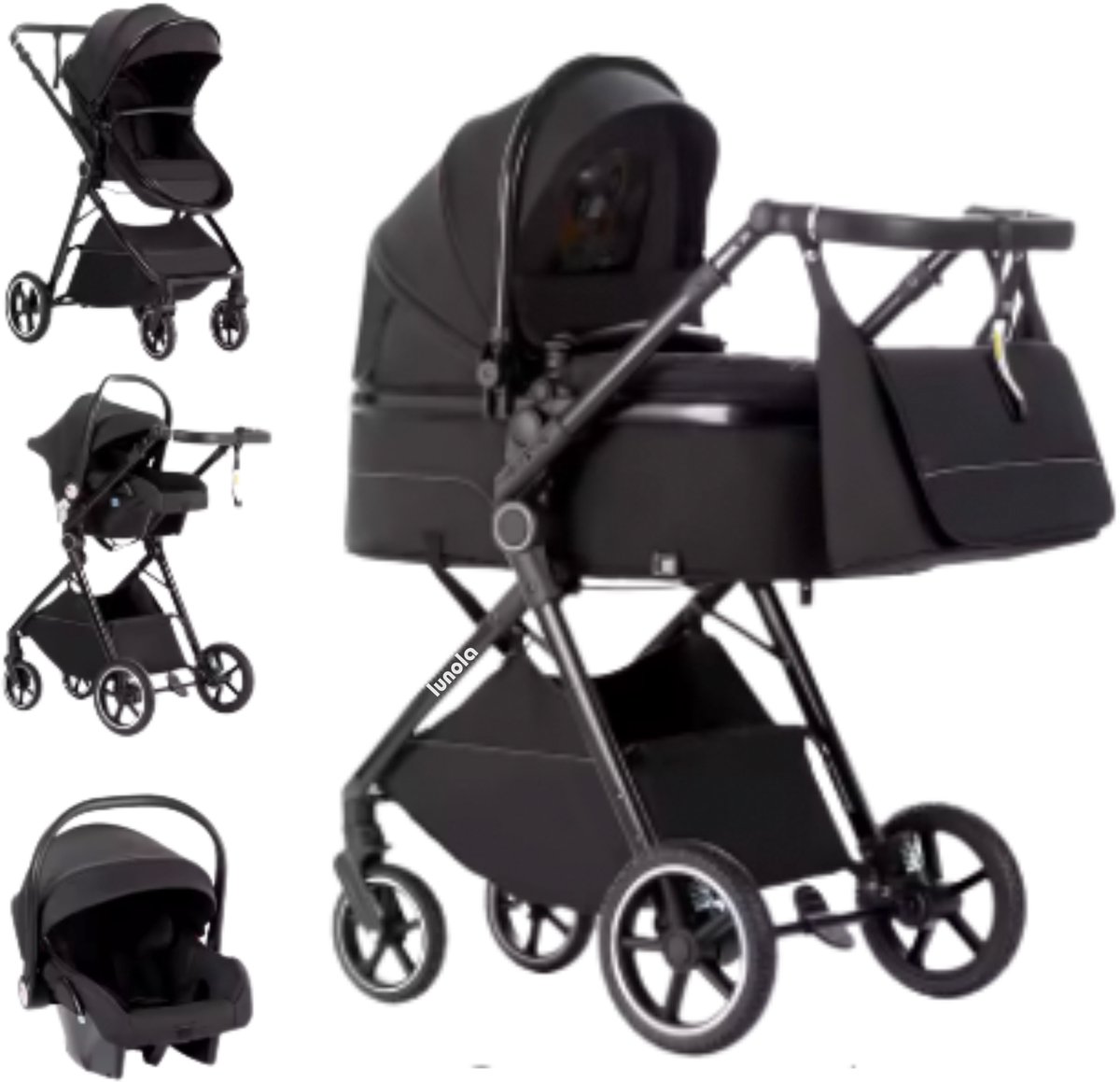 Lunola Oria Kinderwagen 3-in-1 met Autostoel - Full Black - Product - €299,00