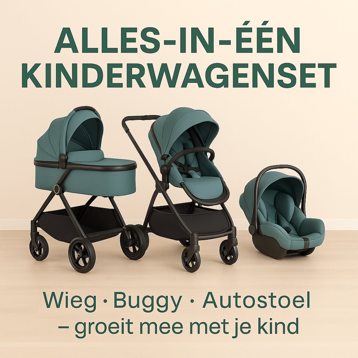 Lunola Oria Kinderwagen 3-in-1 met Autostoel - Blauw Groen - afbeelding 2