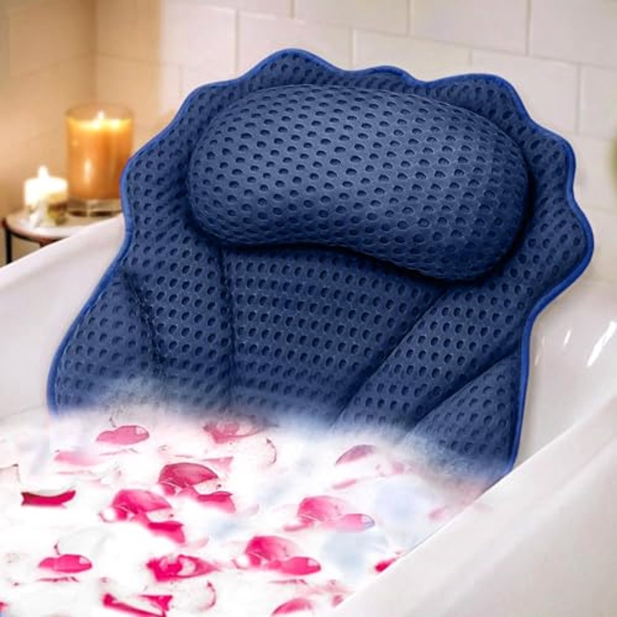 Badkussen RUVINCE Ergonomisch luxe badkussen met hoofd-, nek-, schouder- en rugsteun, 4D badkussens voor bad met 6 krachtige zuignappen, past op alle badkuipen, spabad, warme jacuzzi (donkerblauw)
