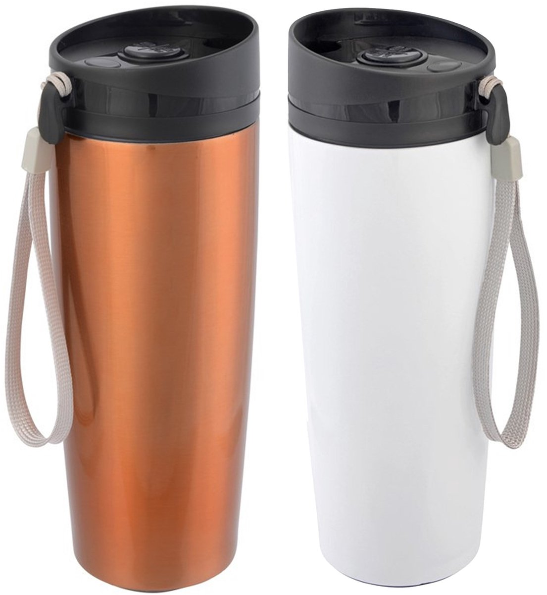 Cuisine Elegance Thermosbekers - warmhoud drinkbekers - 2x stuks - koper en wit - 380 ml - Isolerende drinkbekers - warme dranken - reisbekers