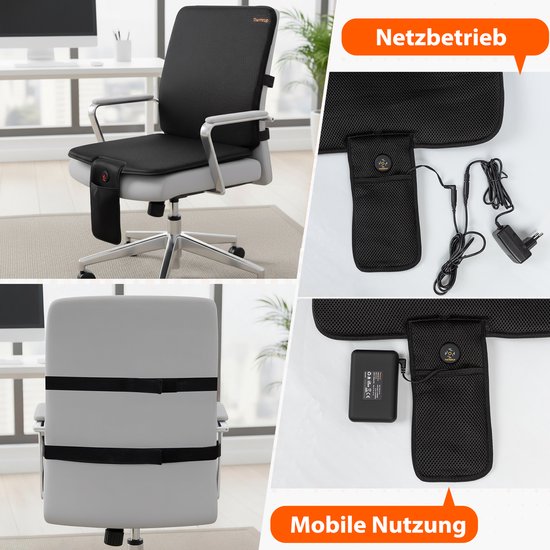 Collage van een verwarmd zitkussen in gebruik: op een bureaustoel en in een rolstoel. Detailbeelden tonen de bedrading voor netvoeding en powerbank gebruik, met een opbergvakje.
