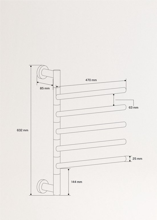 Technische tekening van een zwart, draaibaar handdoekenrek met afmetingen 632 mm hoogte, 470 mm breedte, 85 mm diepte.