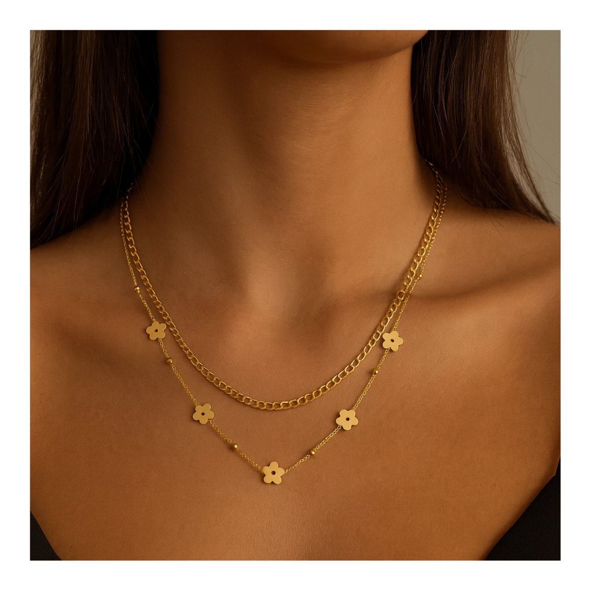 Goudkleurige Ketting - Dubbele Ketting - Bloemetjes - Schakels - Roestvrijstaal (RVS) - 45 + 5 cm - Dames Sieraden