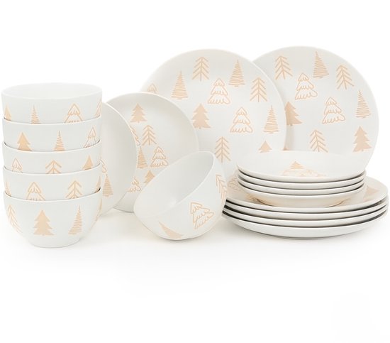 MALACASA LUNA Kerstservies Voor 6 Personen - 18-Delig Wit Porseleinen Tafelservice, Modern En Duurzaam