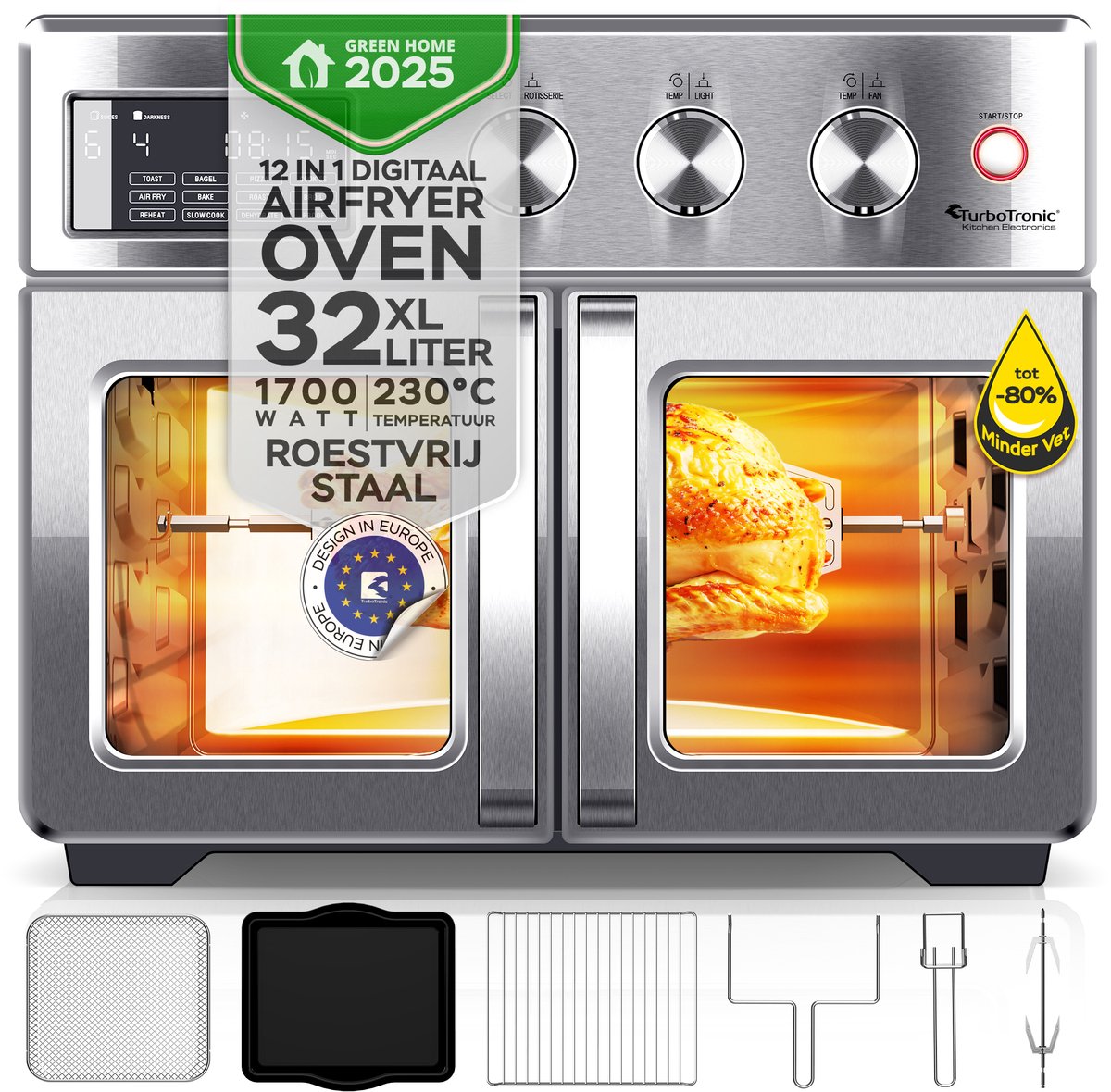 TurboTronic AFD32 Airfryer XXL en Oven – Dubbele Deur - 32 Liter – Zilver