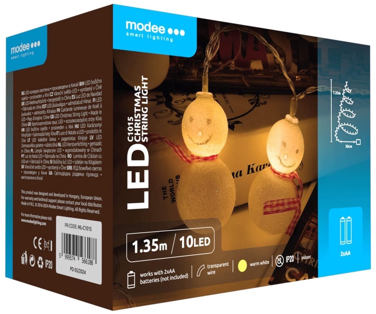 Modee Lichtsnoer Kerstballen Sneeuwmannen 1.35 Meter - Kerstverlichting voor Binnen - Inclusief 3xAA Batterijen - 10 LED Lampjes IP20 - 2700K - Warm Wit Licht - 3 stuks