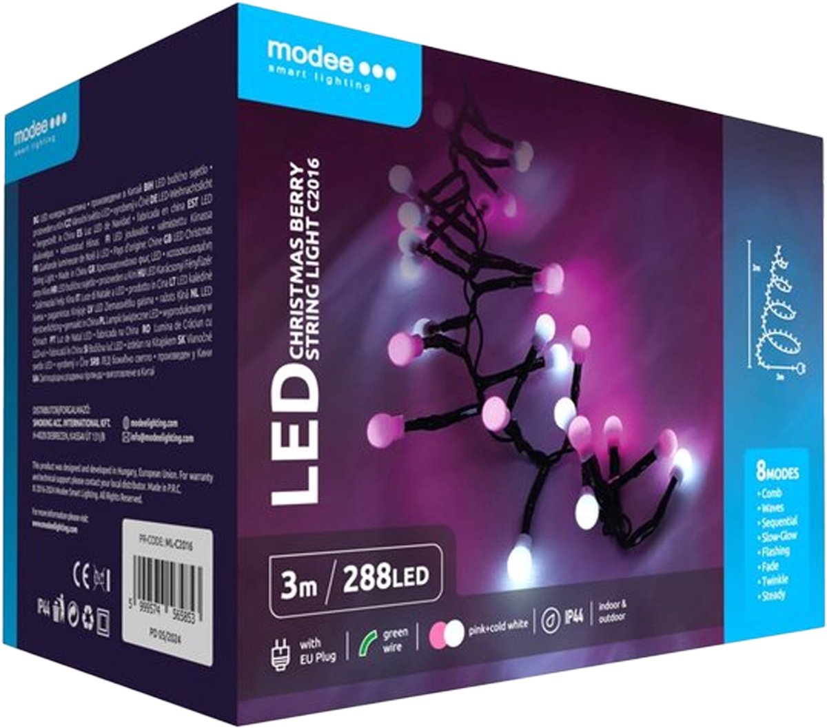 Modee Lichtsnoer Kerst 3 Meter - Buiten en Binnen - 288 LED Lampjes - Cluster Kerstverlichting - 8 Standen - Roze en Koud Wit - Per stuk