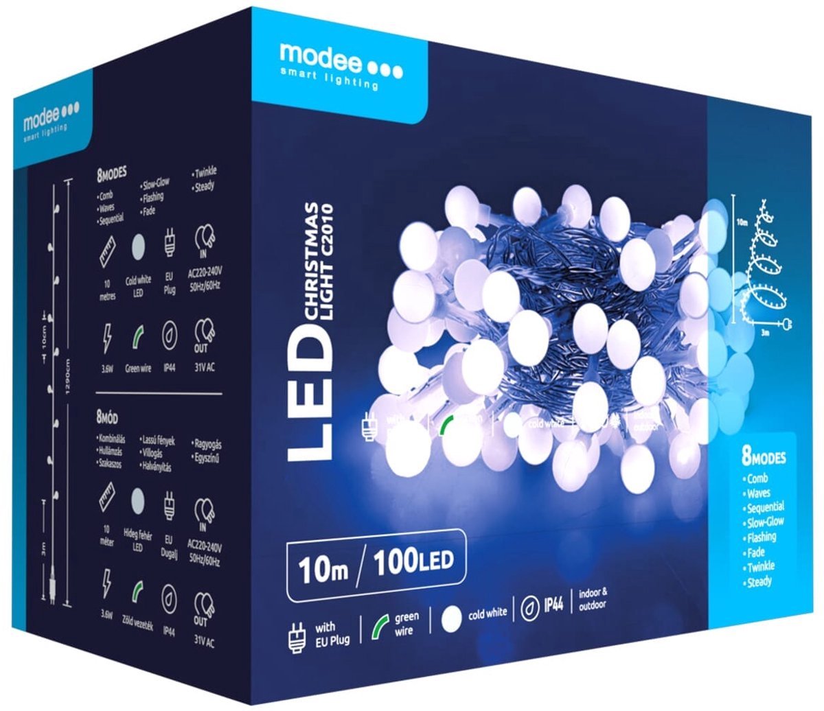 Modee Lichtsnoer Kerst 10 Meter - Kerstverlichting voor Buiten en Binnen - 100 LED Lampjes 8 Lichtstanden - IP44 - 10.000K - Koud Wit Licht - Per stuk