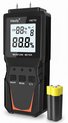 Visaly VM710 vochtmeter in het zwart met oranje accenten en batterijen.