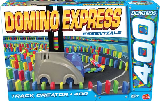 Doos met 'Domino Express Essentials Track Creator +400' dominos. Grijze "auto" met blauwe cabine en 400 kleurrijke dominos.