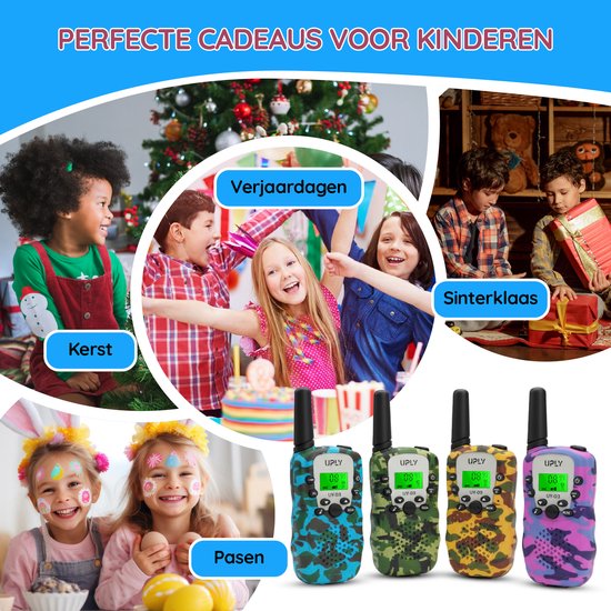 Collage van kinderen die cadeaus ontvangen, verjaardagen vieren en Pasen en Kerstmis vieren. Vier UPLY walkie-talkies in camouflagekleuren.