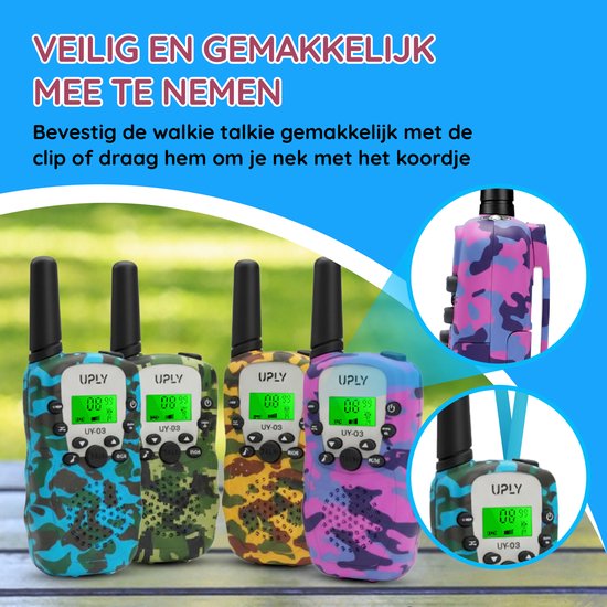 Vier UPLY walkie-talkies in camouflagekleuren: blauw, groen, geel en roze. Elk met een groen display.