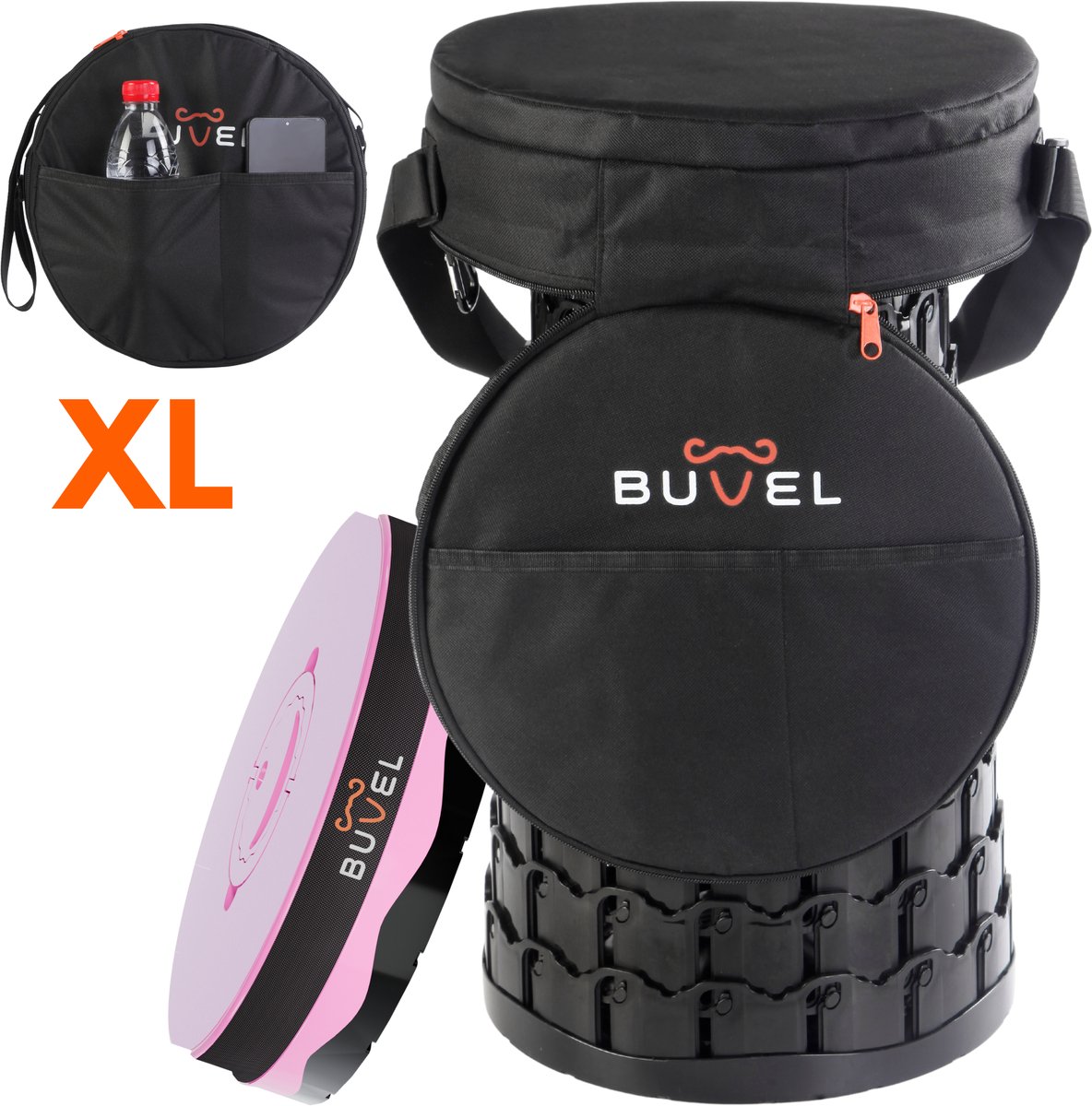 Buvel® Opvouwbare kruk XL - Rond roze met kussen - Kruk - Extra stevig - Inklapbaar - Telescopisch - Visstoel - Bijzettafel - Voetensteun