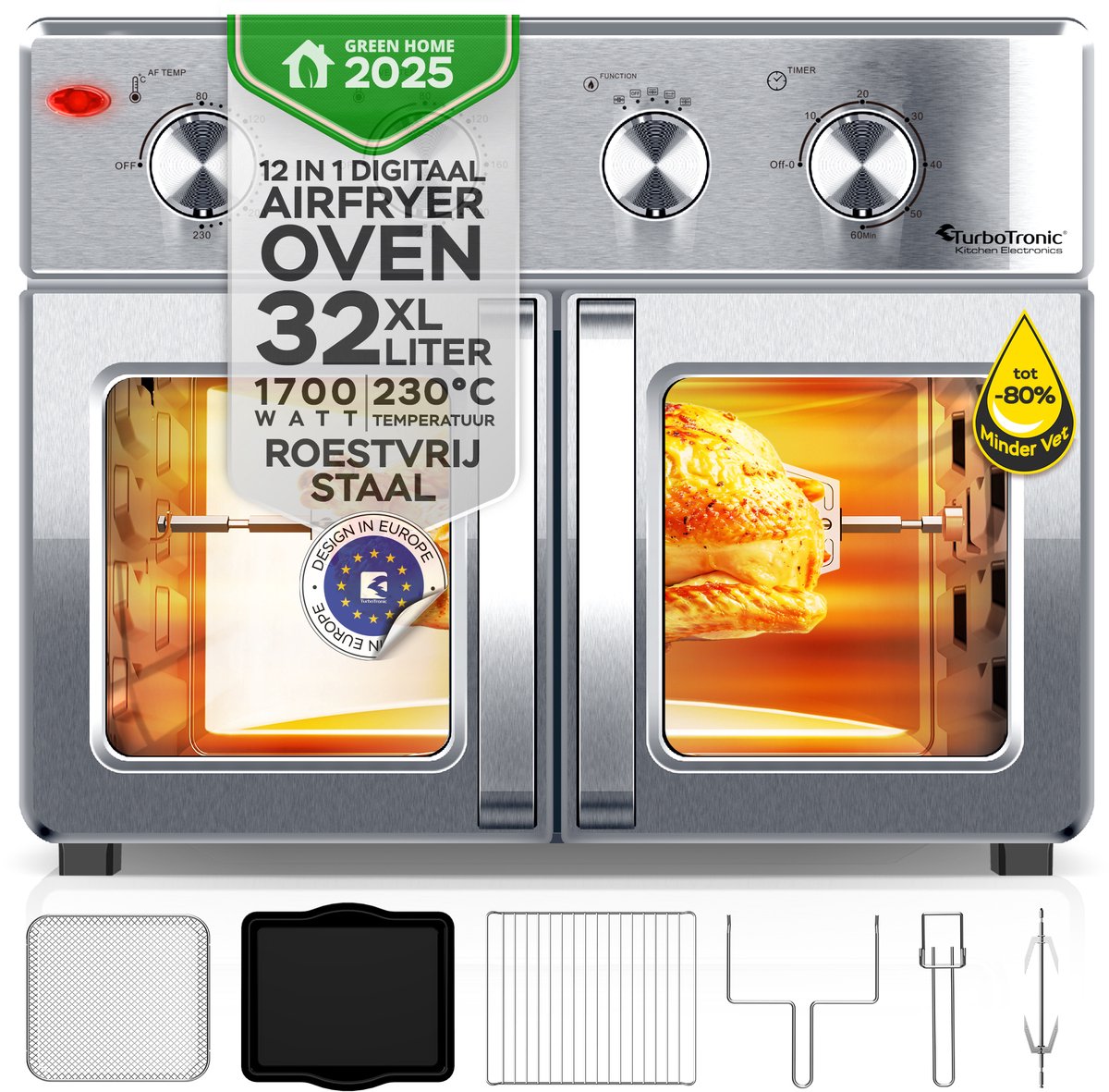 TurboTronic AF32MFD Airfryer XXL en Oven – Dubbele Deur - 32 Liter – Zilver
