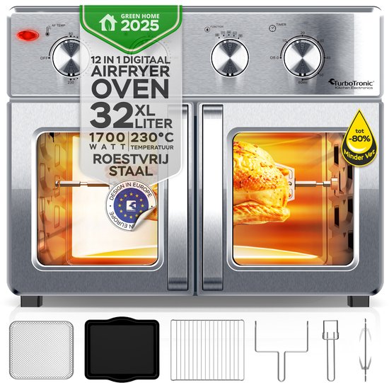 Foto: Turbotronic af32mfd airfryer oven xxl dubbele deur 32l vrijstaande mini oven heteluchtoven zilver