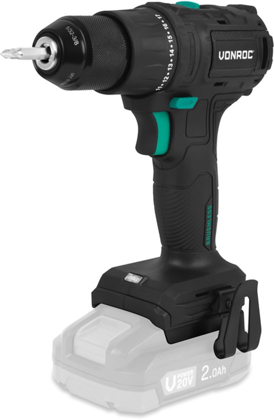VONROC PRO Accuboormachine 20V – 40 Nm – Brushless motor - 17 schroefstanden + boorstand - Incl. 2 bits - Excl. Accu en snellader