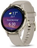 Smartwatch met lichtbruine band en gouden lunette, toont "Good Morning!" en 6:30.