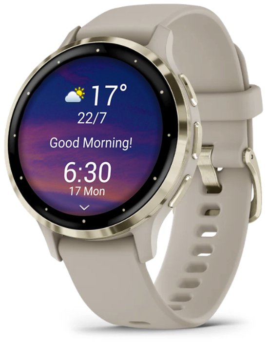 Smartwatch met lichtbruine band en gouden lunette, toont "Good Morning!" en 6:30.